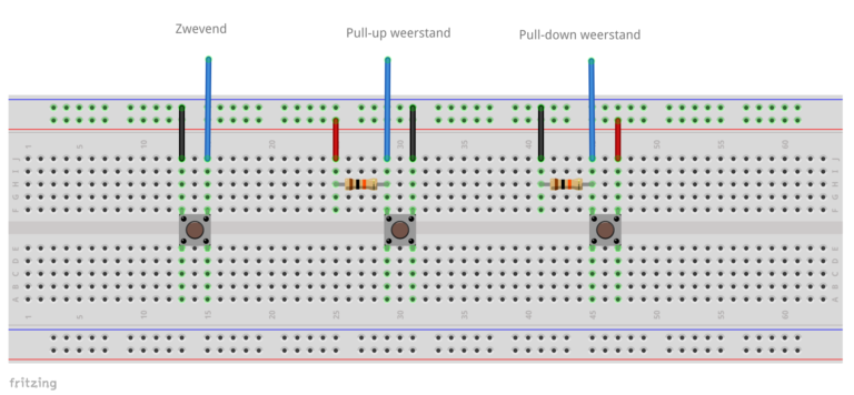 Afbeelding van een breadboard met drukknop met een zwevende toestand en met pull-up en pull-down weerstand.